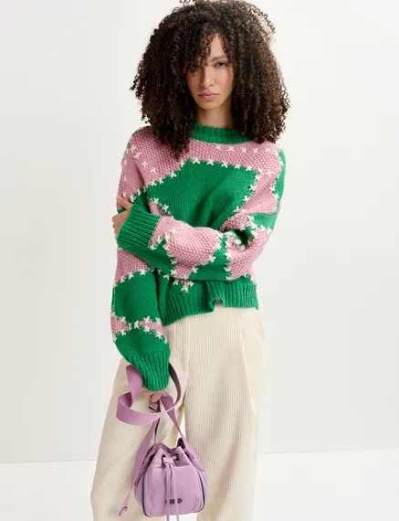 Green and light pink patchwork knit sweater