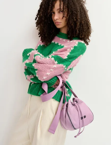 Green and light pink patchwork knit sweater