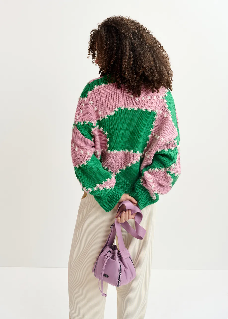 Green and light pink patchwork knit sweater