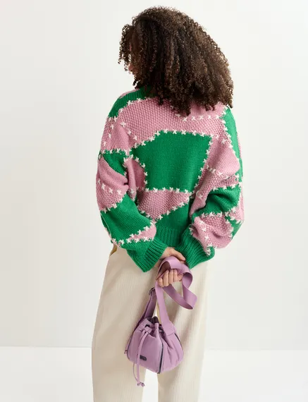 Green and light pink patchwork knit sweater