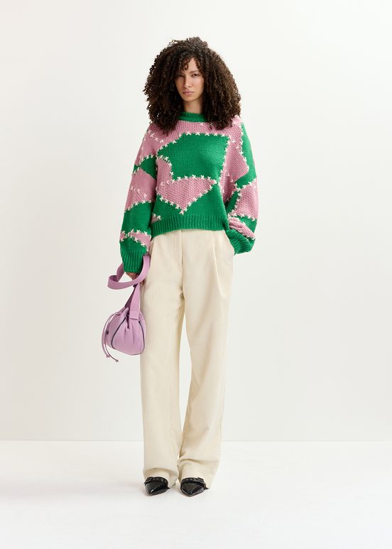 Green and light pink patchwork knit sweater