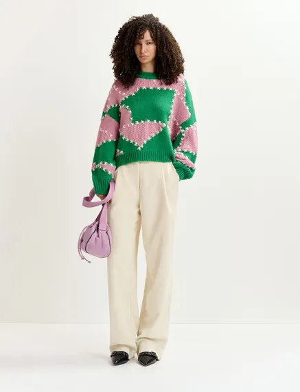 Green and light pink patchwork knit sweater