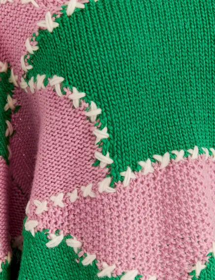 Green and light pink patchwork knit sweater