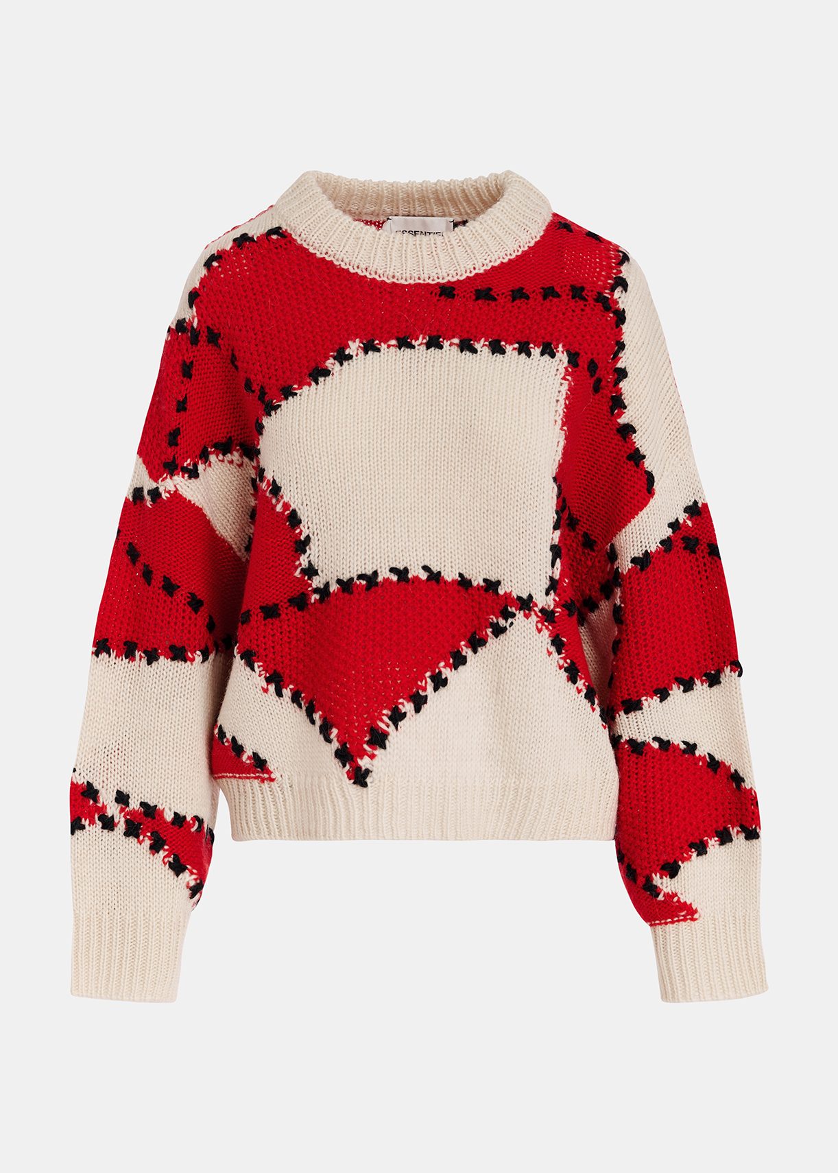 Ecru and red patchwork knit sweater