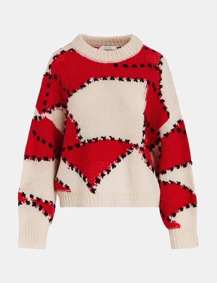 Ecru and red patchwork knit sweater