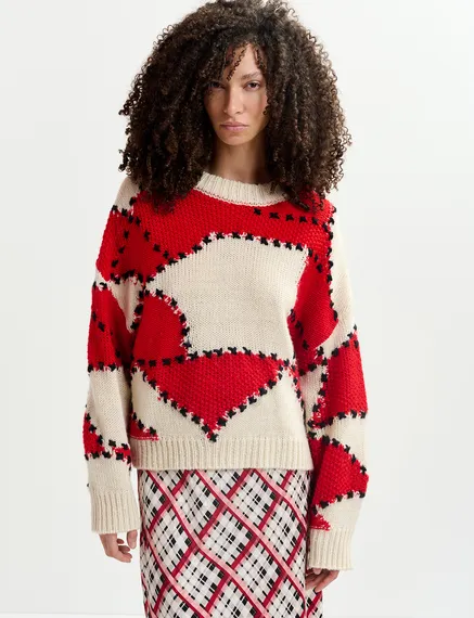 Ecru and red patchwork knit sweater