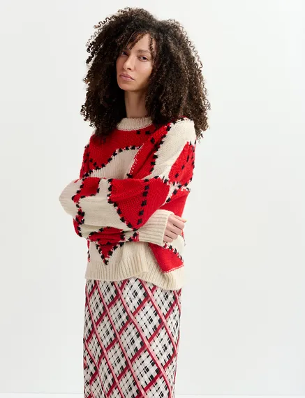 Ecru and red patchwork knit sweater