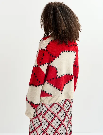 Ecru and red patchwork knit sweater