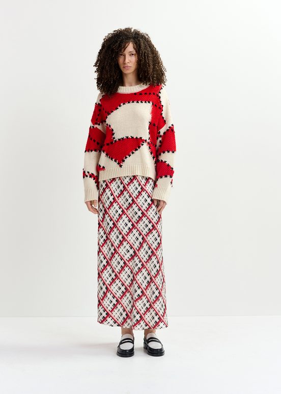 Ecru and red patchwork knit sweater