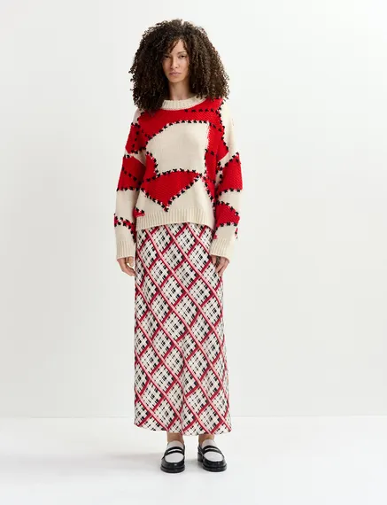 Ecru and red patchwork knit sweater