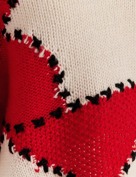 Ecru and red patchwork knit sweater