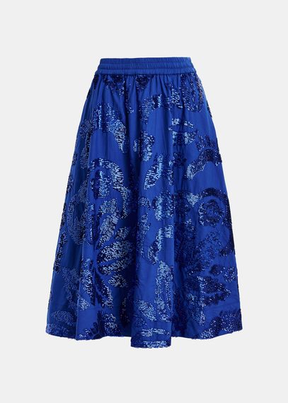 Dark blue sequin-embellished cotton midi skirt