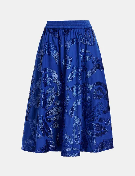 Dark blue sequin-embellished cotton midi skirt