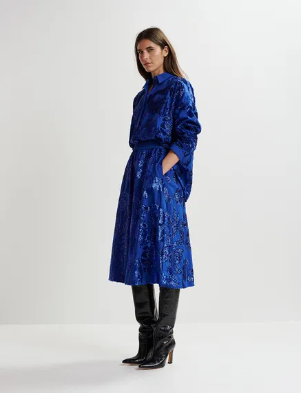 Donkerblauwe katoenen midirok met pailletten