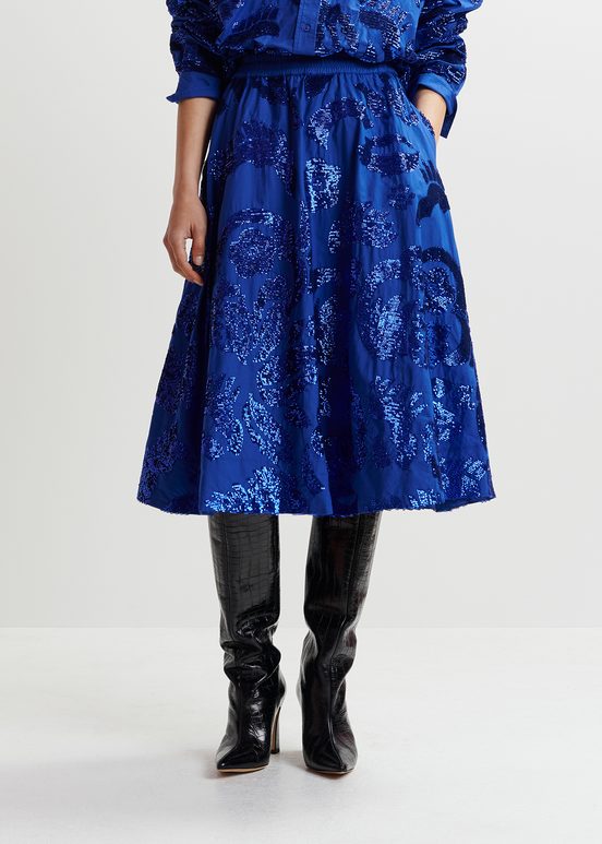 Dark blue sequin-embellished cotton midi skirt