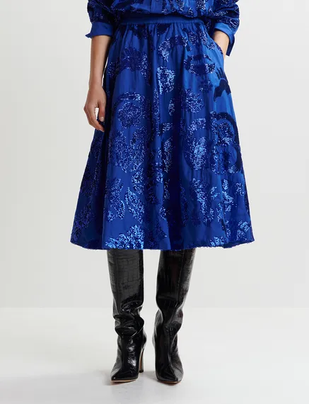 Dark blue sequin-embellished cotton midi skirt