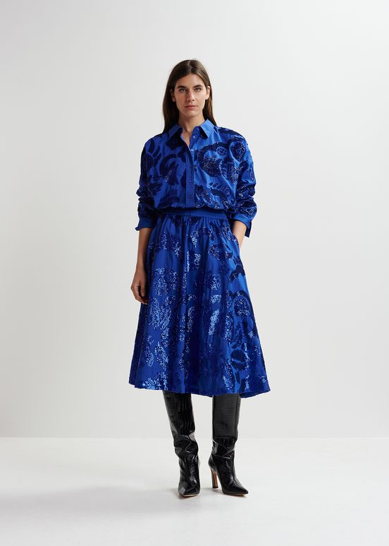 Donkerblauwe katoenen midirok met pailletten