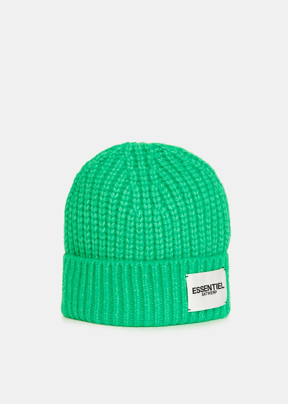 Green rib-knitted beanie with logo