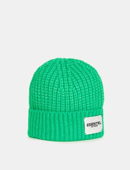 Green rib-knitted beanie with logo