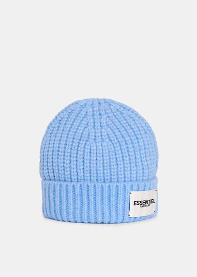 Hellblaue Rippstrick-Beanie mit Logo