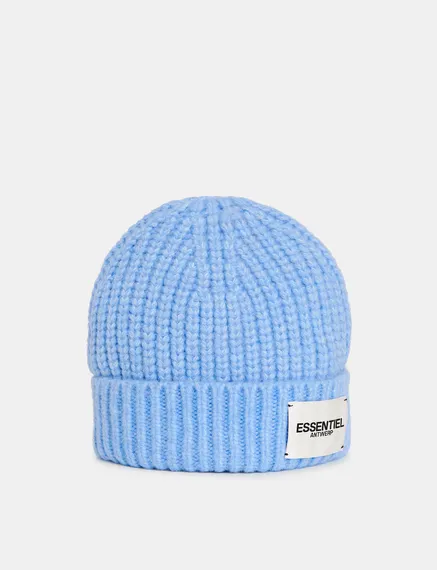 Hellblaue Rippstrick-Beanie mit Logo