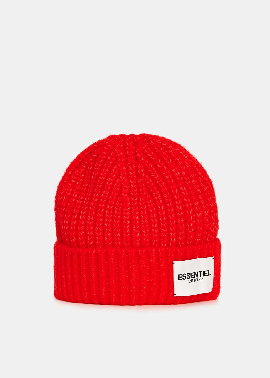 Red rib-knitted beanie with logo