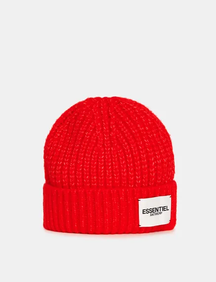 Red rib-knitted beanie with logo