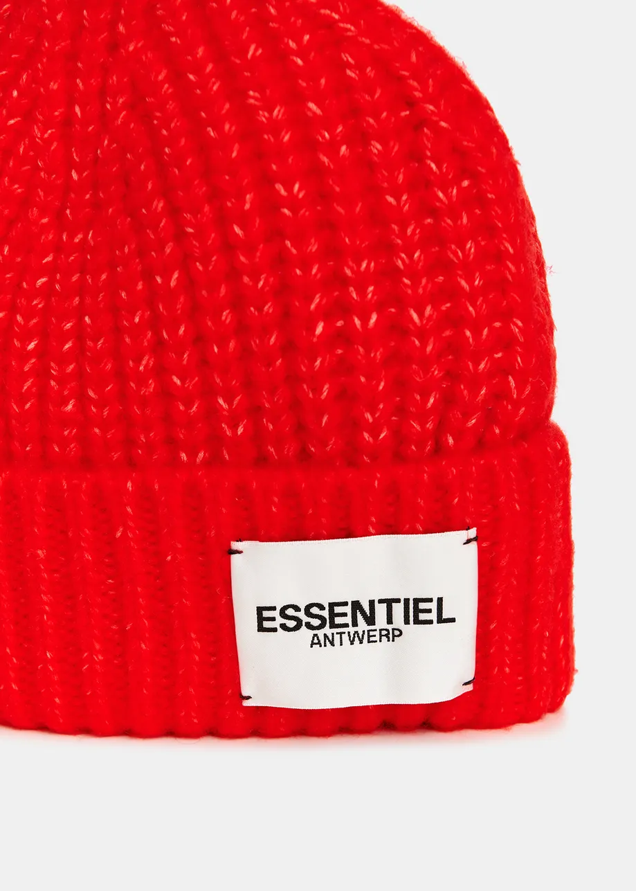 Red rib-knitted beanie with logo