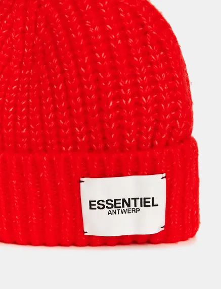 Red rib-knitted beanie with logo