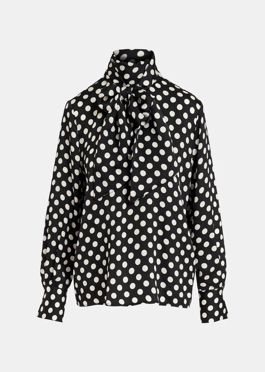 Black and white polka-dot top with pussy bow