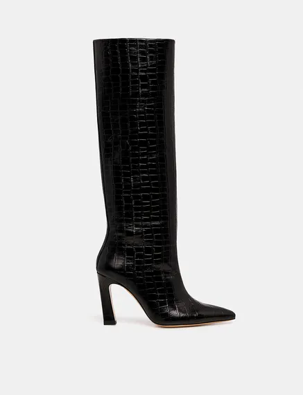 Black croc-effect leather knee boots