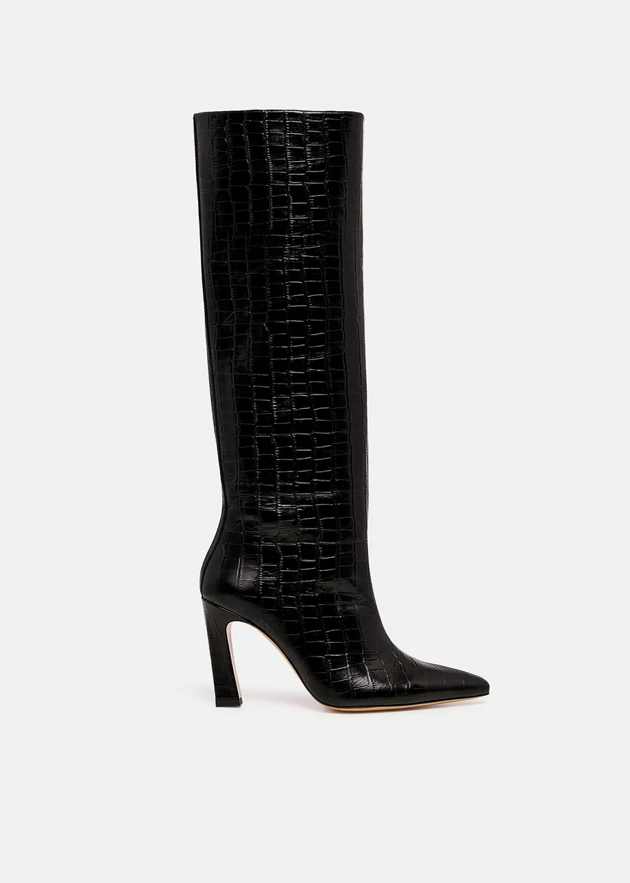 Black croc-effect leather knee boots