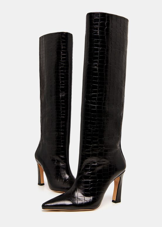 Black croc-effect leather knee boots