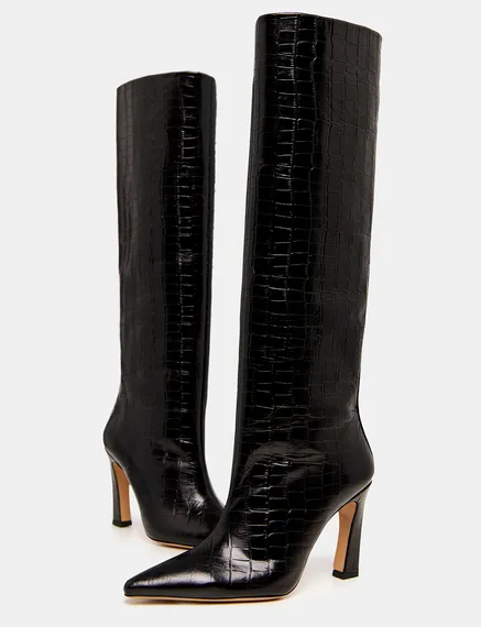 Black croc-effect leather knee boots