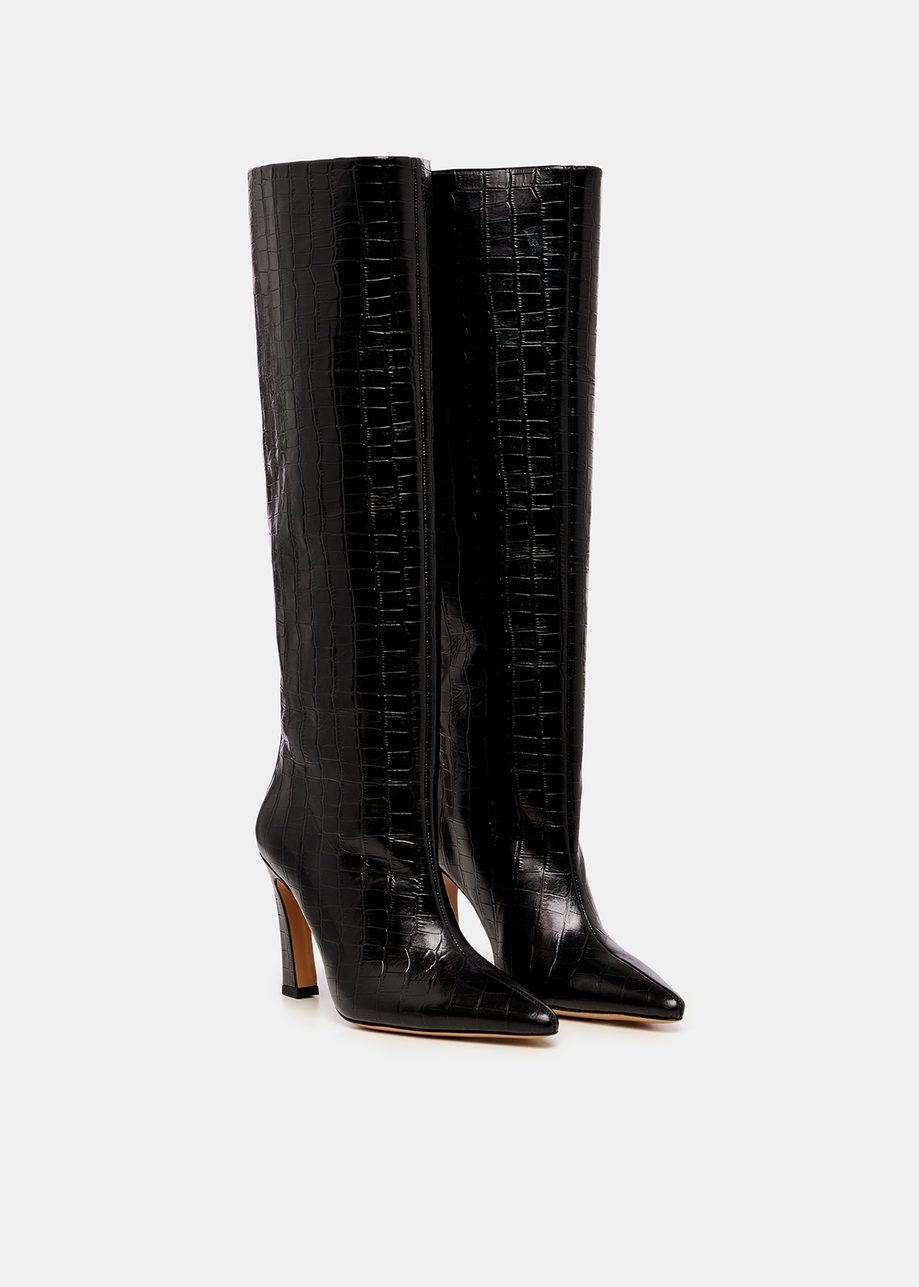 Black croc-effect leather knee boots