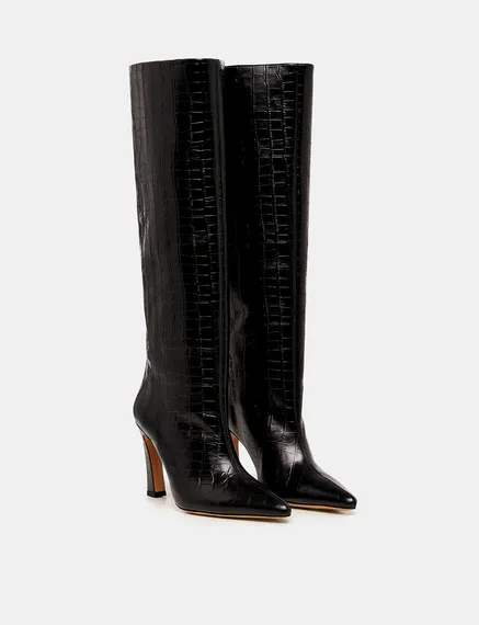 Black croc-effect leather knee boots