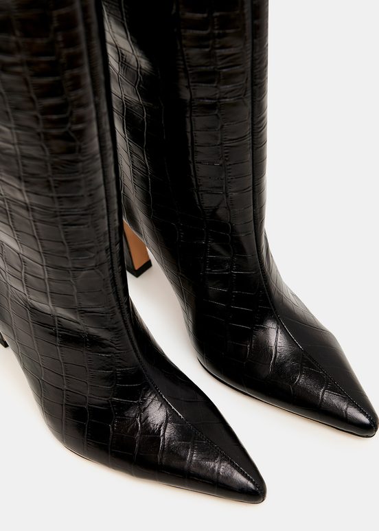 Black croc-effect leather knee boots