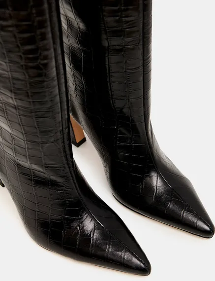 Black croc-effect leather knee boots