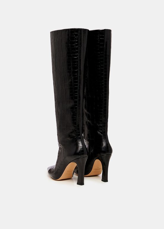 Black croc-effect leather knee boots