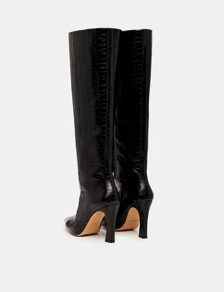 Black croc-effect leather knee boots