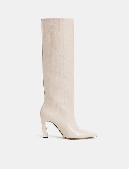 Off-white croc-effect leather knee boots