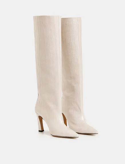 Botas de piel efecto cocodrilo, blanco roto