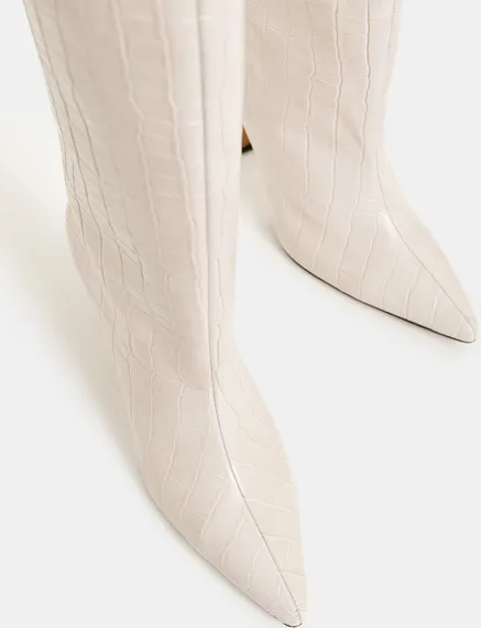 Bottes en cuir blanc cassé effet croco