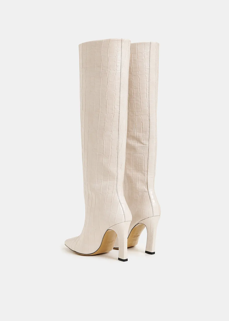 Off-white croc-effect leather knee boots