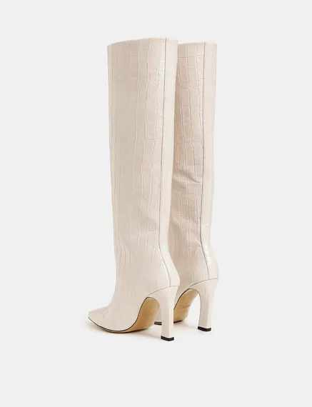 Off-white croc-effect leather knee boots