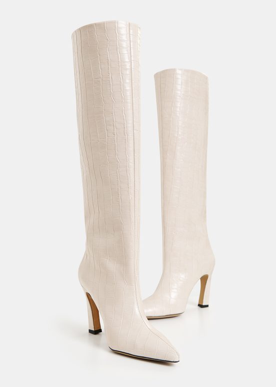 Off-white croc-effect leather knee boots