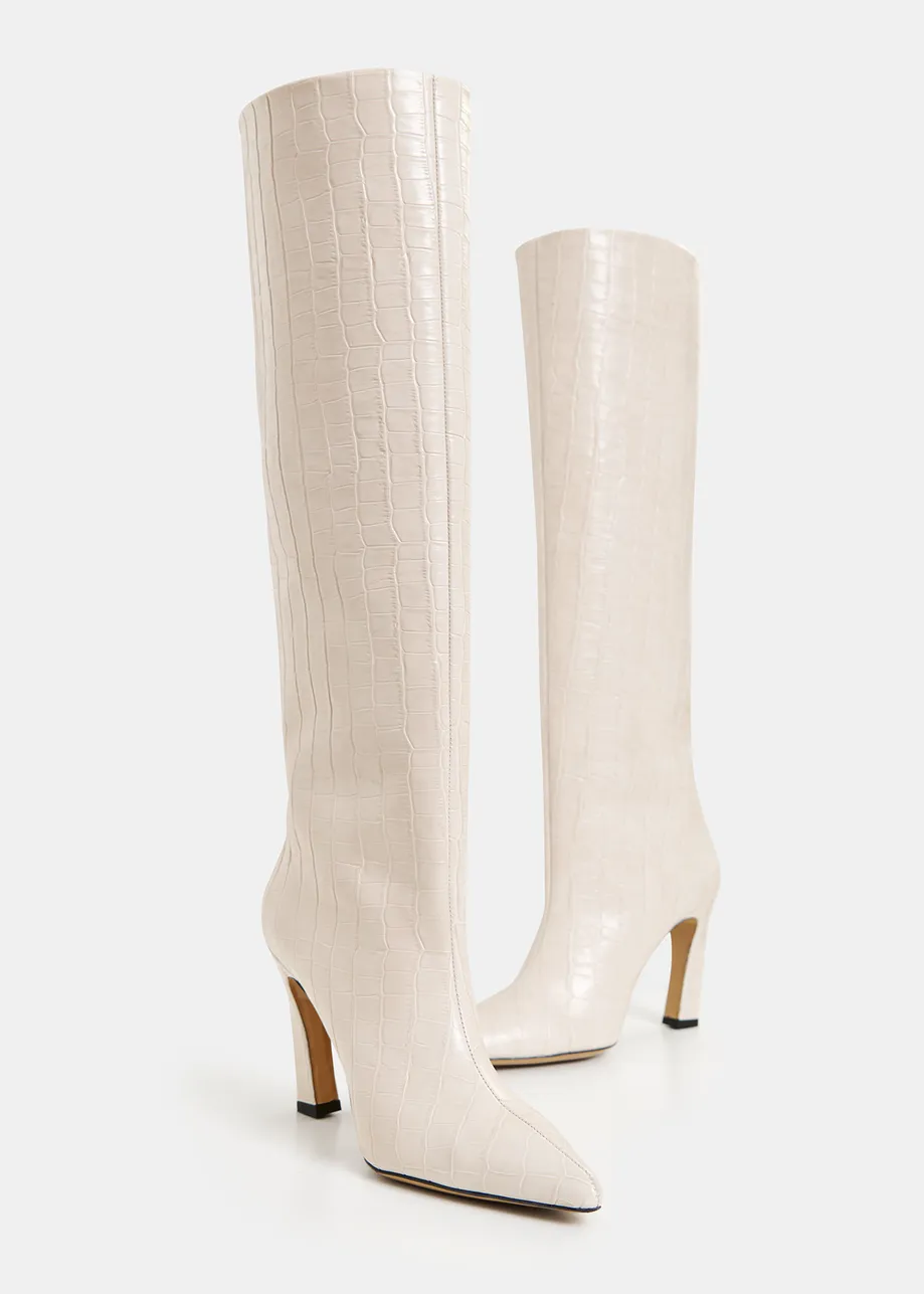 Off-white croc-effect leather knee boots