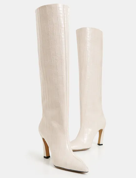 Off-white croc-effect leather knee boots