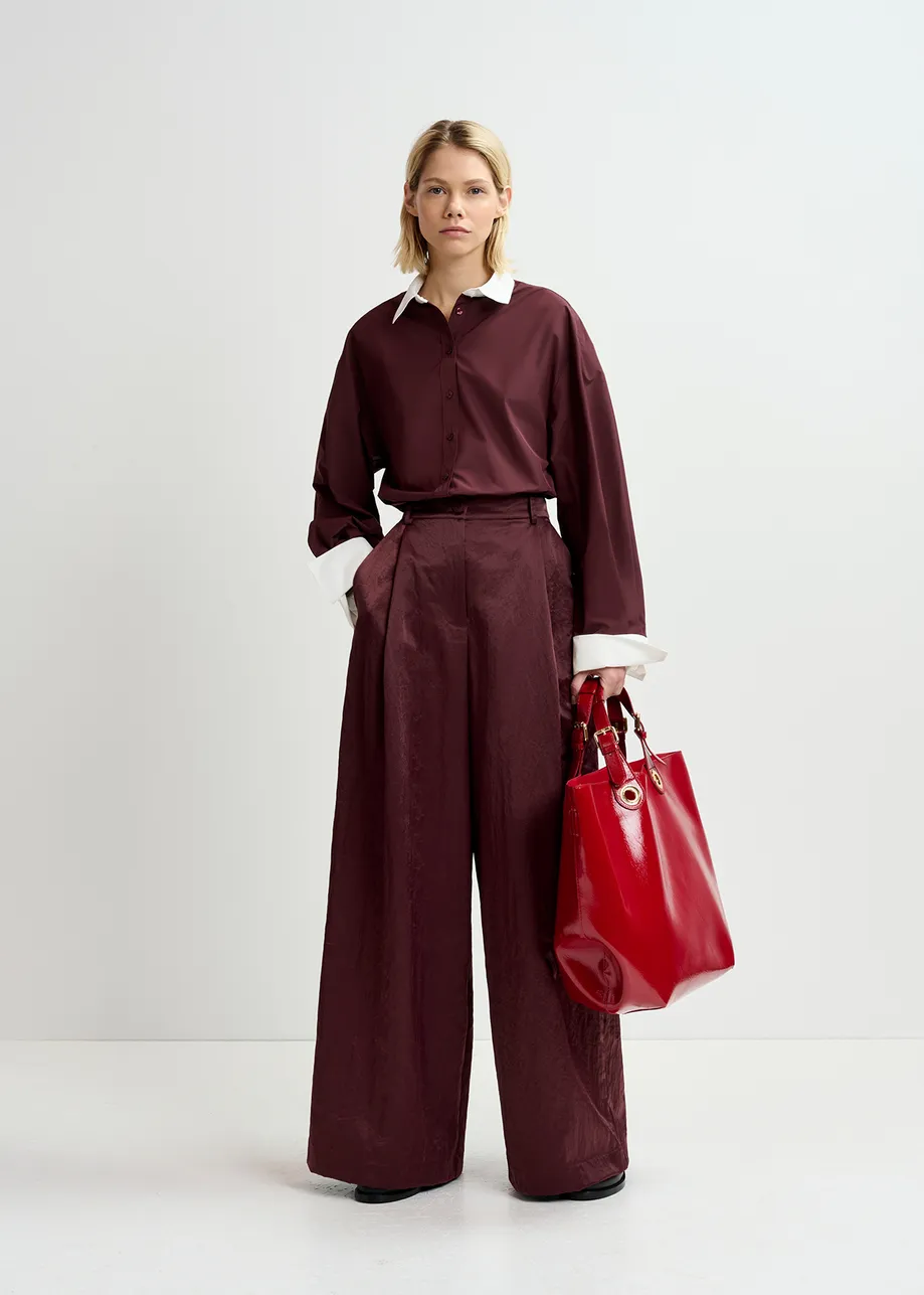 Maroon satin wide-leg pants