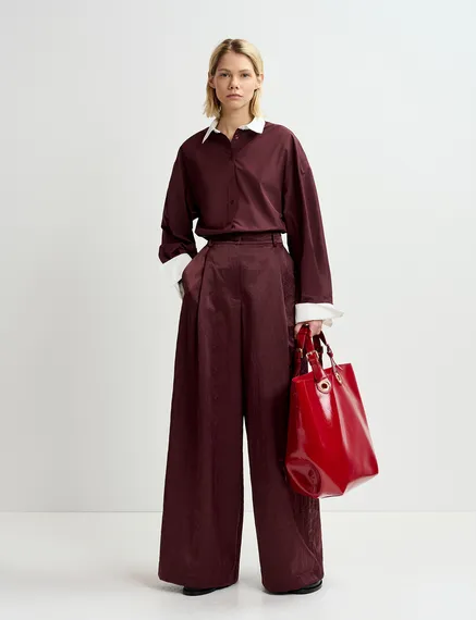 Maroon satin wide-leg pants